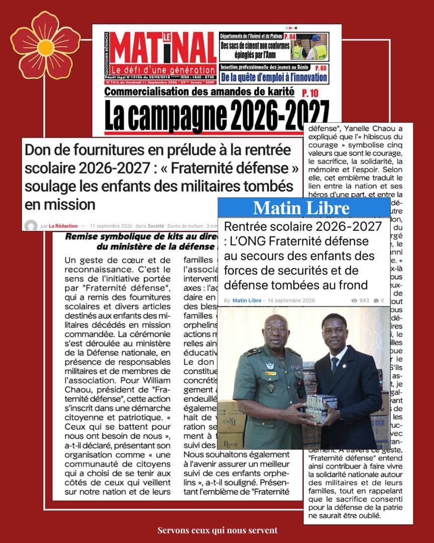 Revue de presse présentant plusieurs articles consacrés aux actions solidaires de Fraternité Défense.